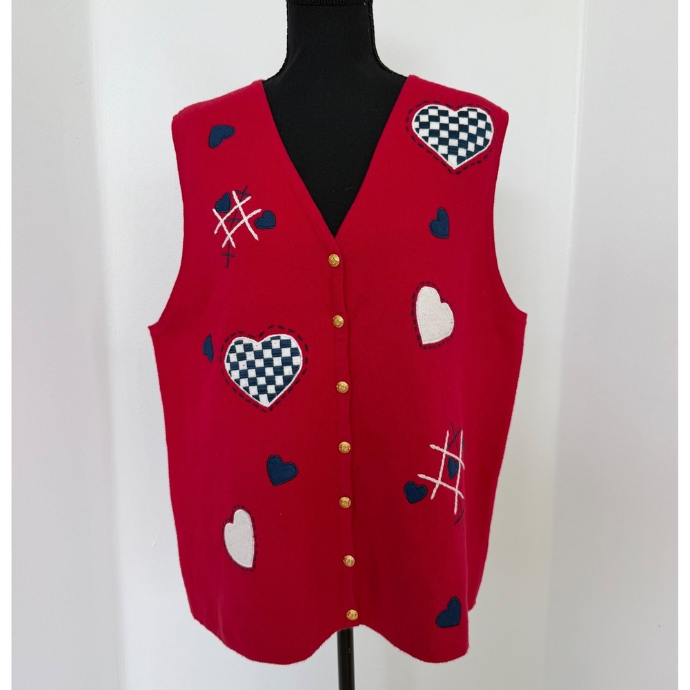 Vintage 90s Red Heart Sweater Liz Baker Vest Knit Coquette Cottagecore Preppy L